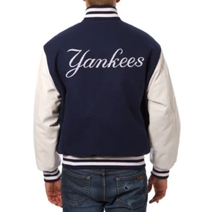 New york yankees two tone wool and leather jacket navy white 2