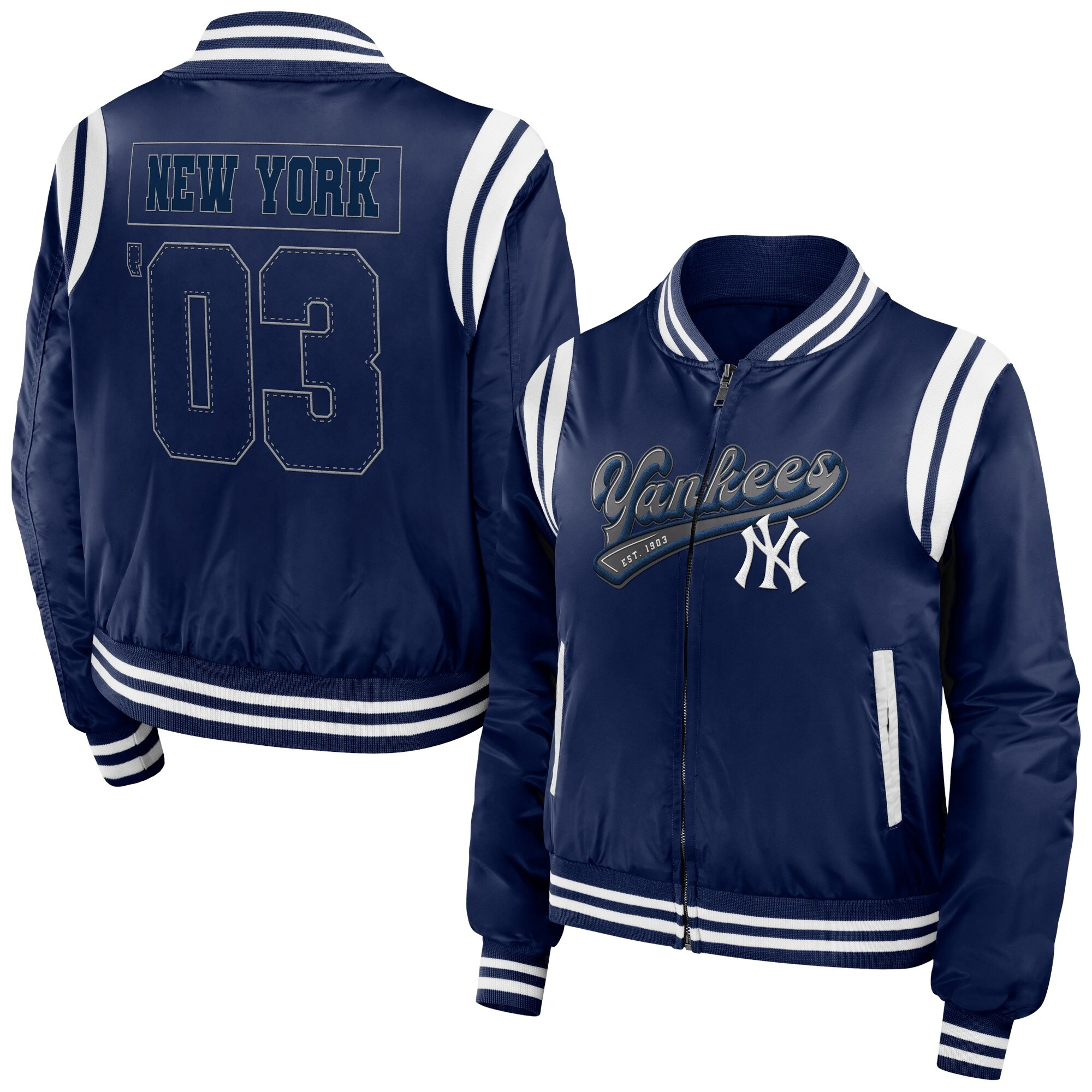 New york yankees womens full zip bomber varsity jacket navy 1