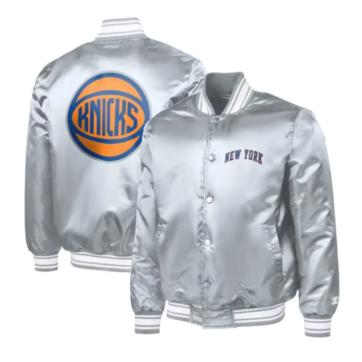 Ny knicks basketball logo gray satin varsity jacket