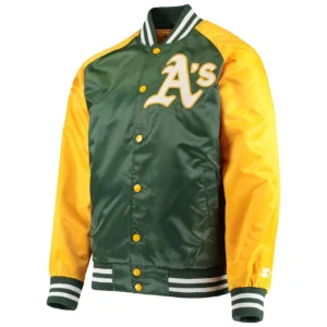 Oakland athletics lead off full snap satin varsity jacket greenyellow 1