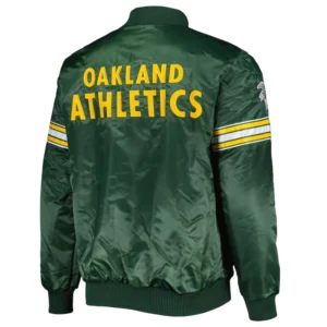 Oakland athletics pick roll full snap satin varsity jacket green 1