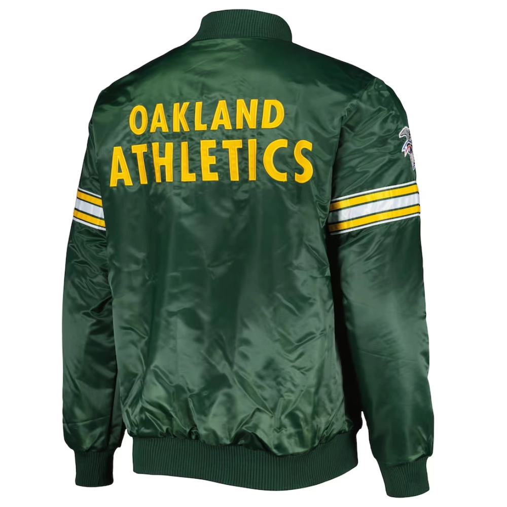 Oakland athletics pick roll full snap satin varsity jacket green 1