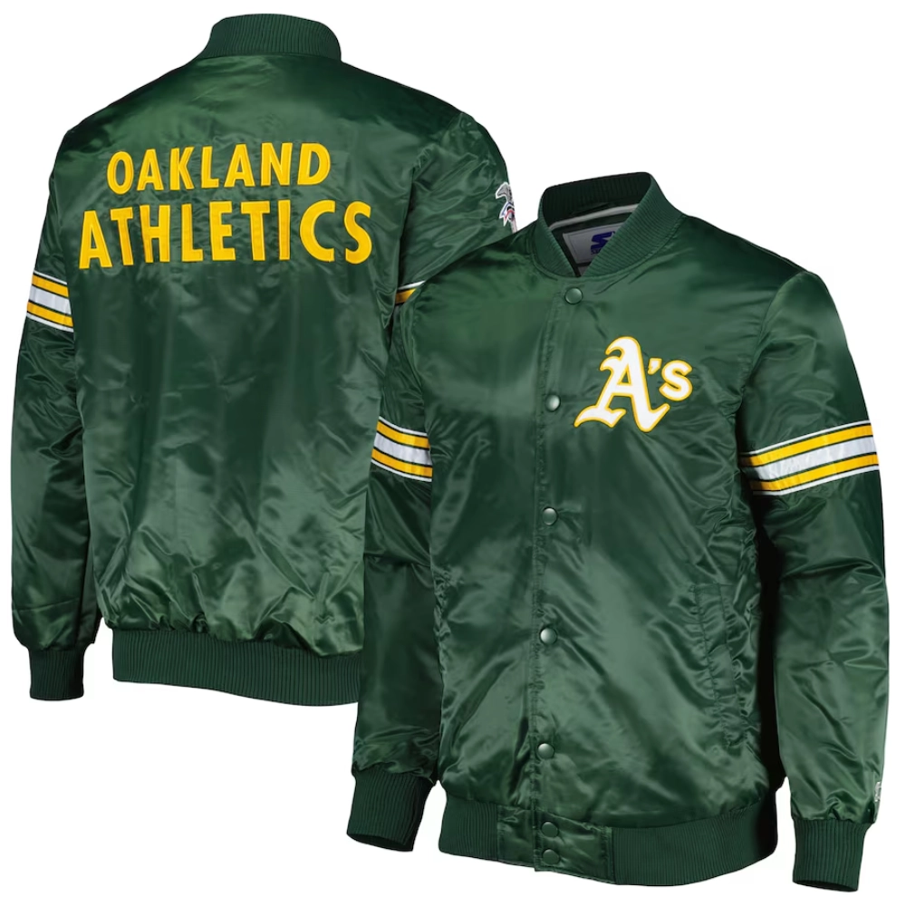 Oakland athletics pick roll full snap satin varsity jacket green 3