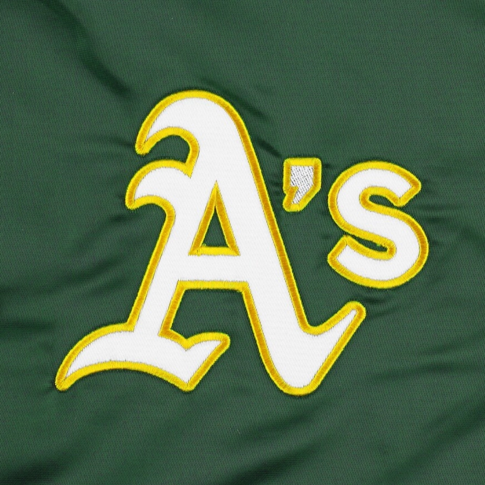 Oakland athletics pick roll full snap satin varsity jacket green