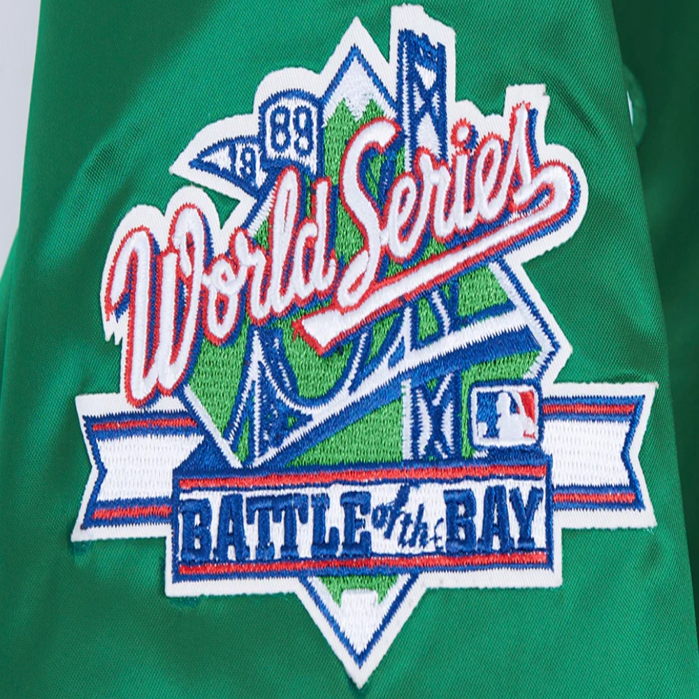 Oakland athletics retro classic womens full snap satin varsity jacket green 1