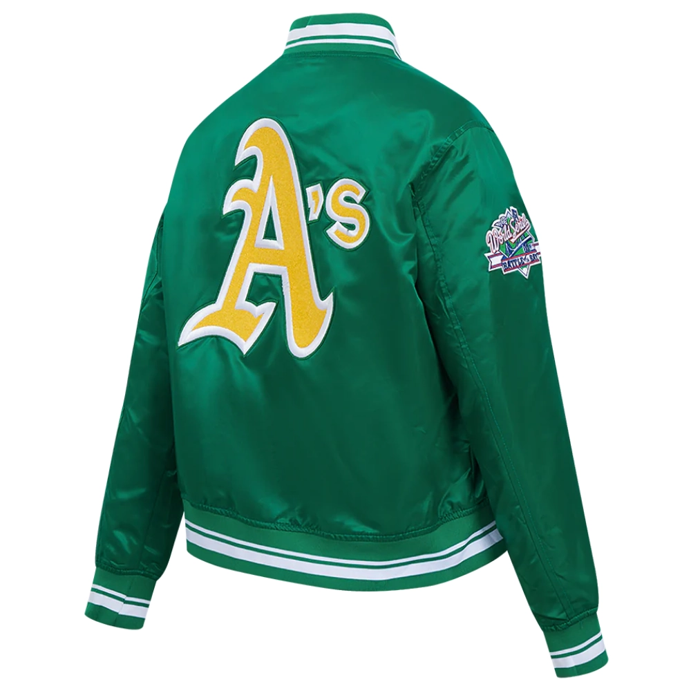 Oakland athletics retro classic womens full snap satin varsity jacket green 4
