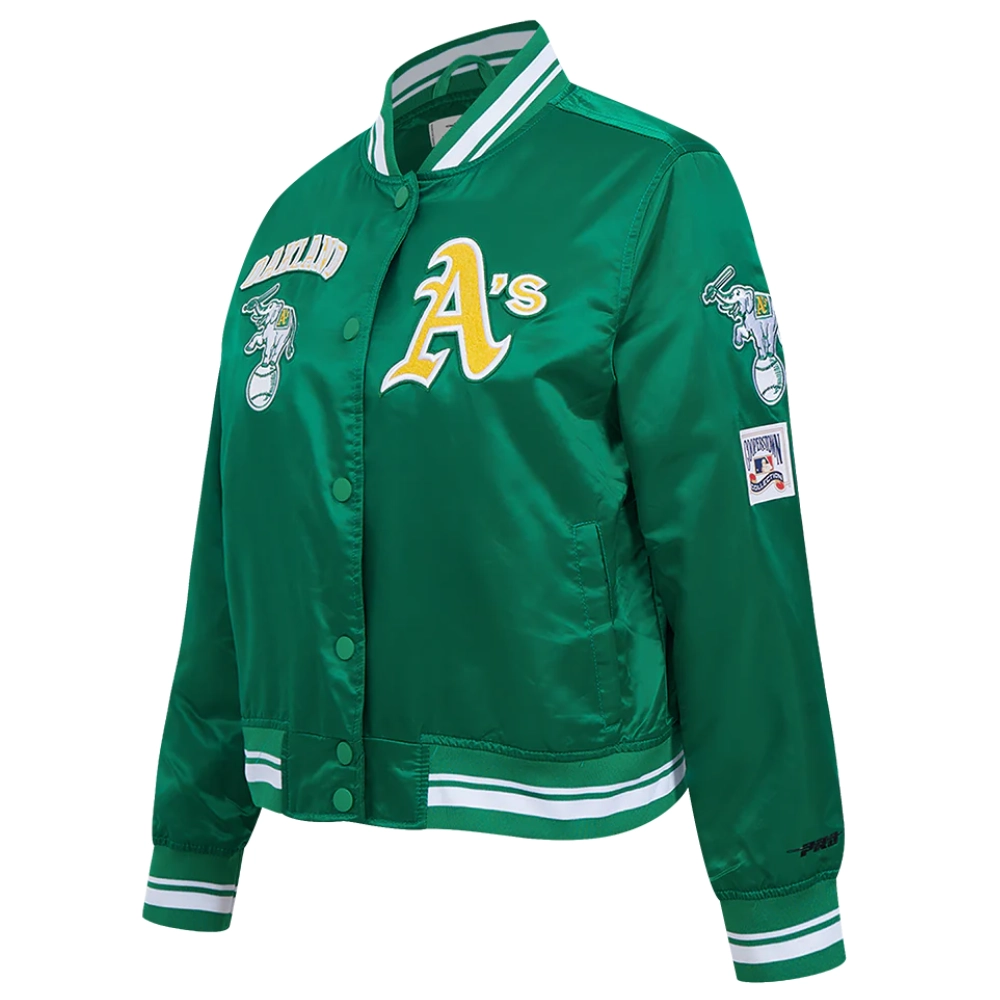 Oakland athletics retro classic womens full snap satin varsity jacket green 6
