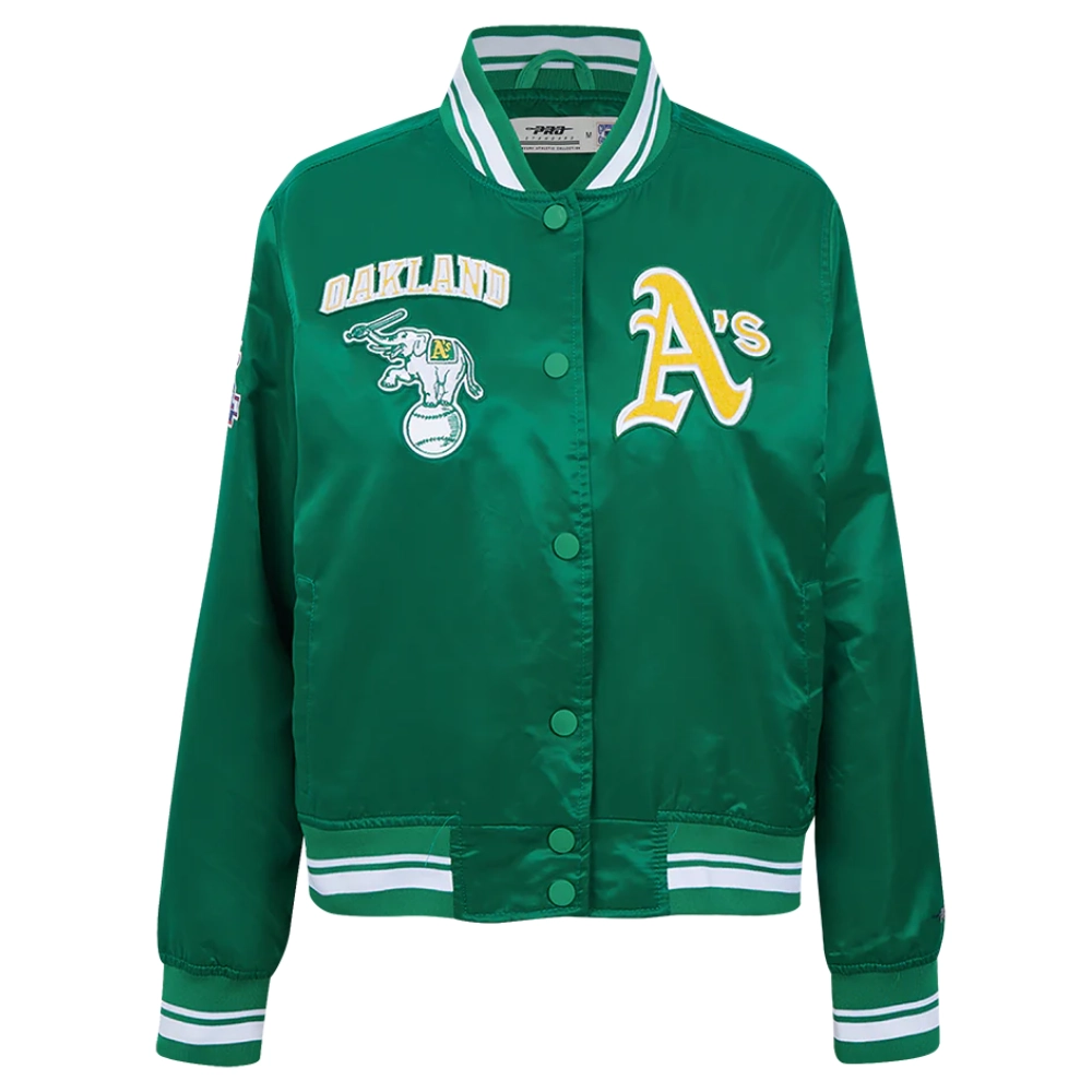 Oakland athletics retro classic womens full snap satin varsity jacket green 7