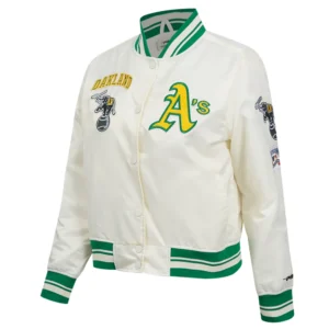 Oakland athletics retro classic womens full snap satin varsity jacket white 6