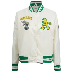 Oakland athletics retro classic womens full snap satin varsity jacket white 7