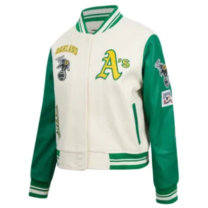 Oakland athletics retro classic womens wool leather varsity jacket cream green 8