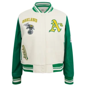 Oakland athletics retro classic womens wool leather varsity jacket cream green 9