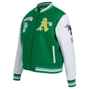 Oakland athletics retro classic womens wool leather varsity jacket green white 7