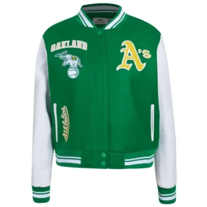Oakland athletics retro classic womens wool leather varsity jacket green white 8