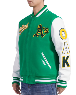 Oakland athletics script tail rib wool leather varsity jacket green white 2 transformed