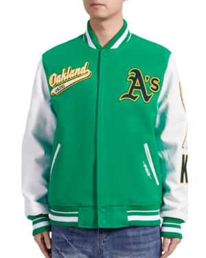 Oakland athletics script tail rib wool leather varsity jacket greenwhite transformed