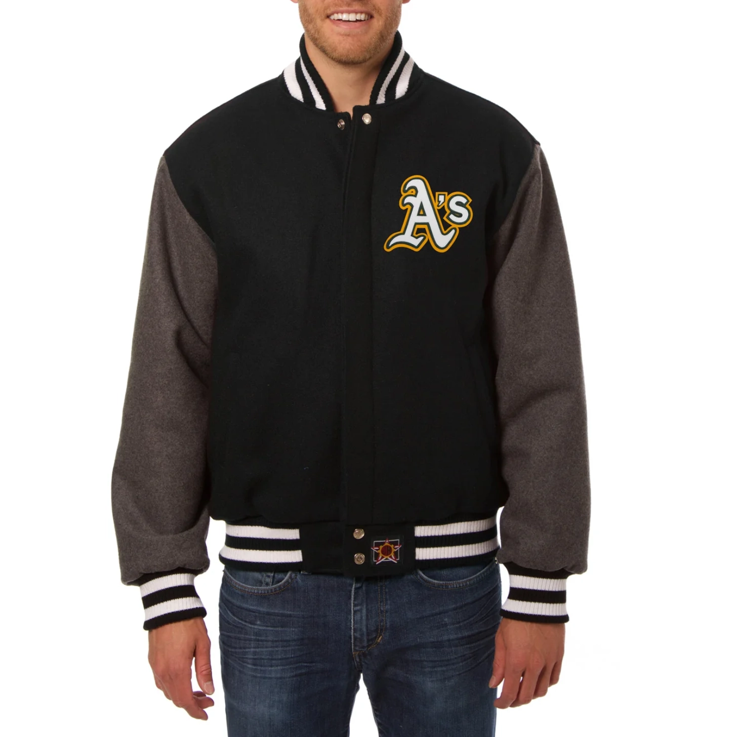 Oakland athletics two tone handcrafted logo wool jacket black gray 1