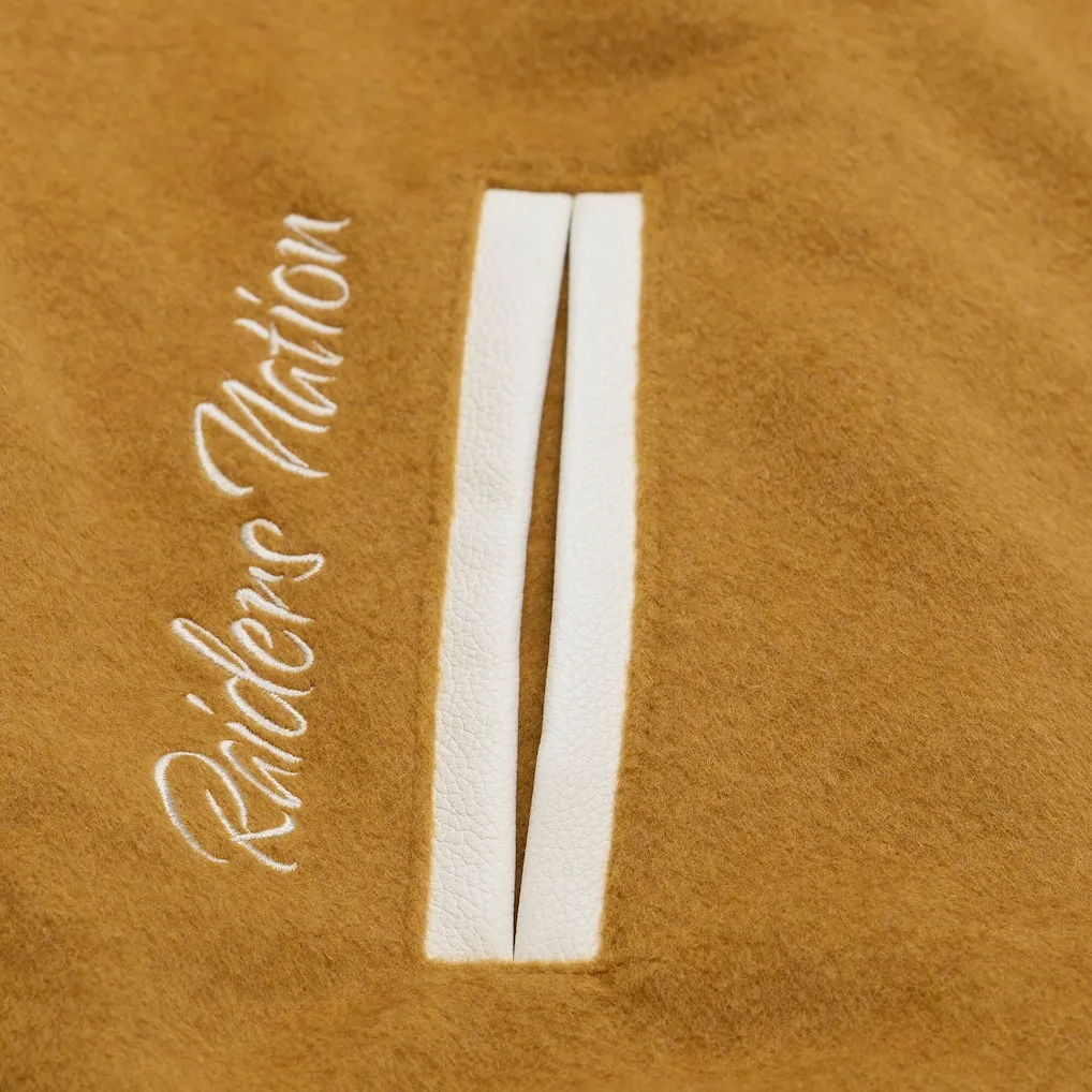 Oakland raiders browncream dusted varsity pocket detail