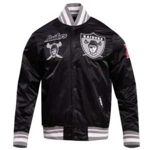 Oakland raiders retro classic full snap satin varsity jacket black 6