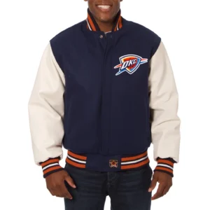 Oklahoma city thunder domestic two tone wool and leather jacket navy white 1