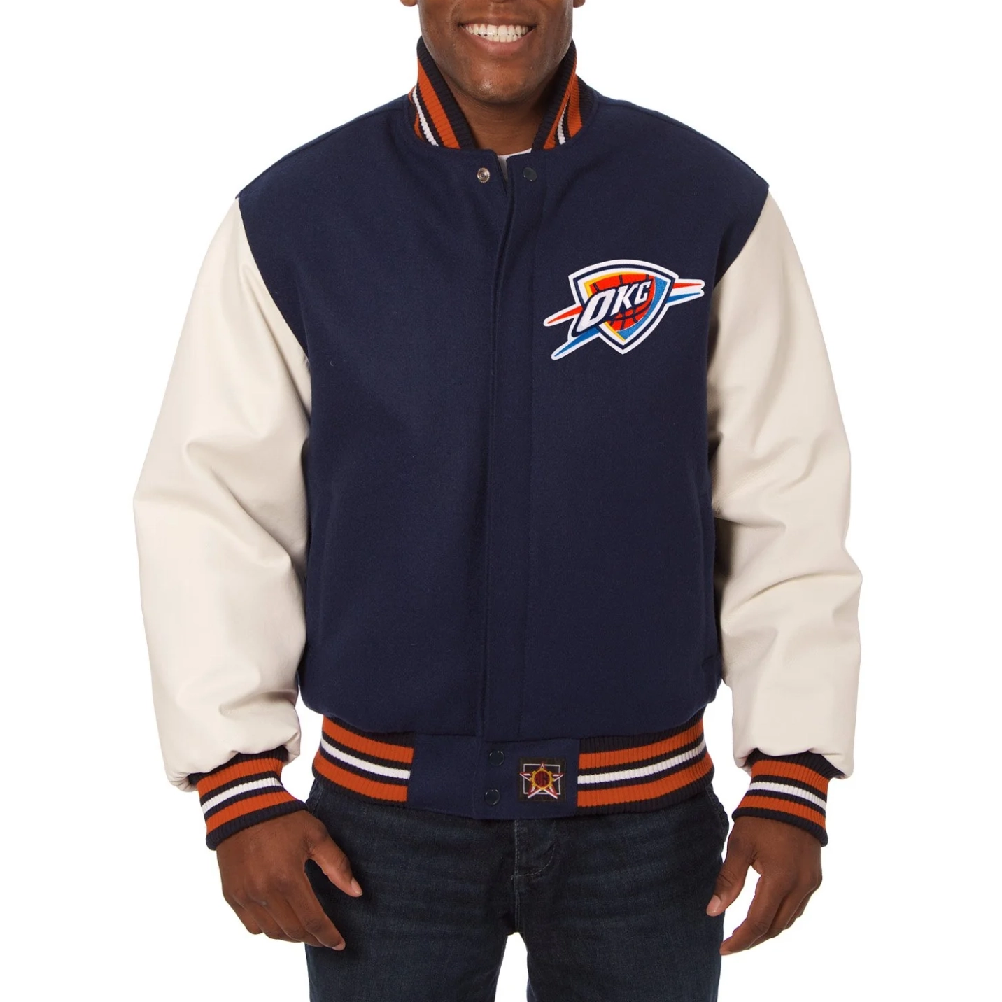 Oklahoma city thunder domestic two tone wool and leather jacket navy white 1