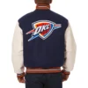 Oklahoma city thunder domestic two tone wool and leather jacket navy white 2