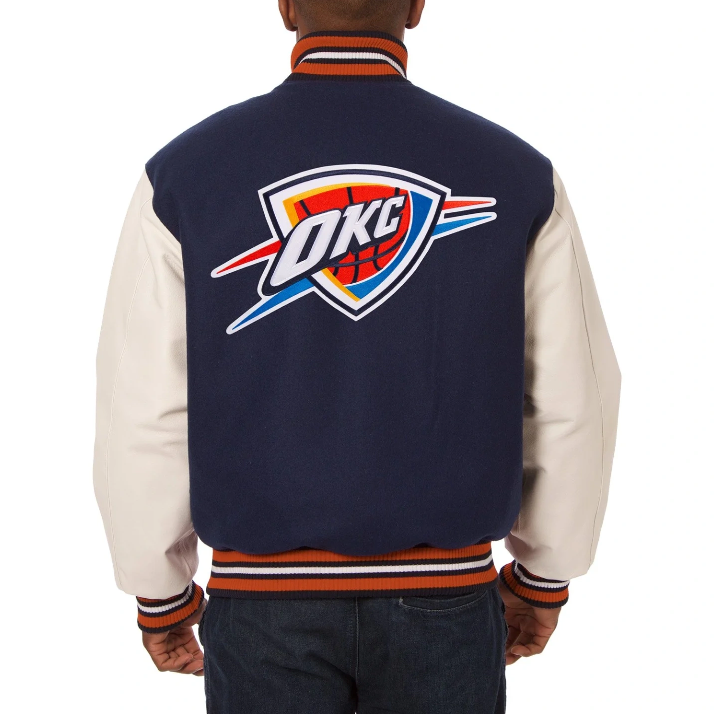 Oklahoma city thunder domestic two tone wool and leather jacket navy white 2