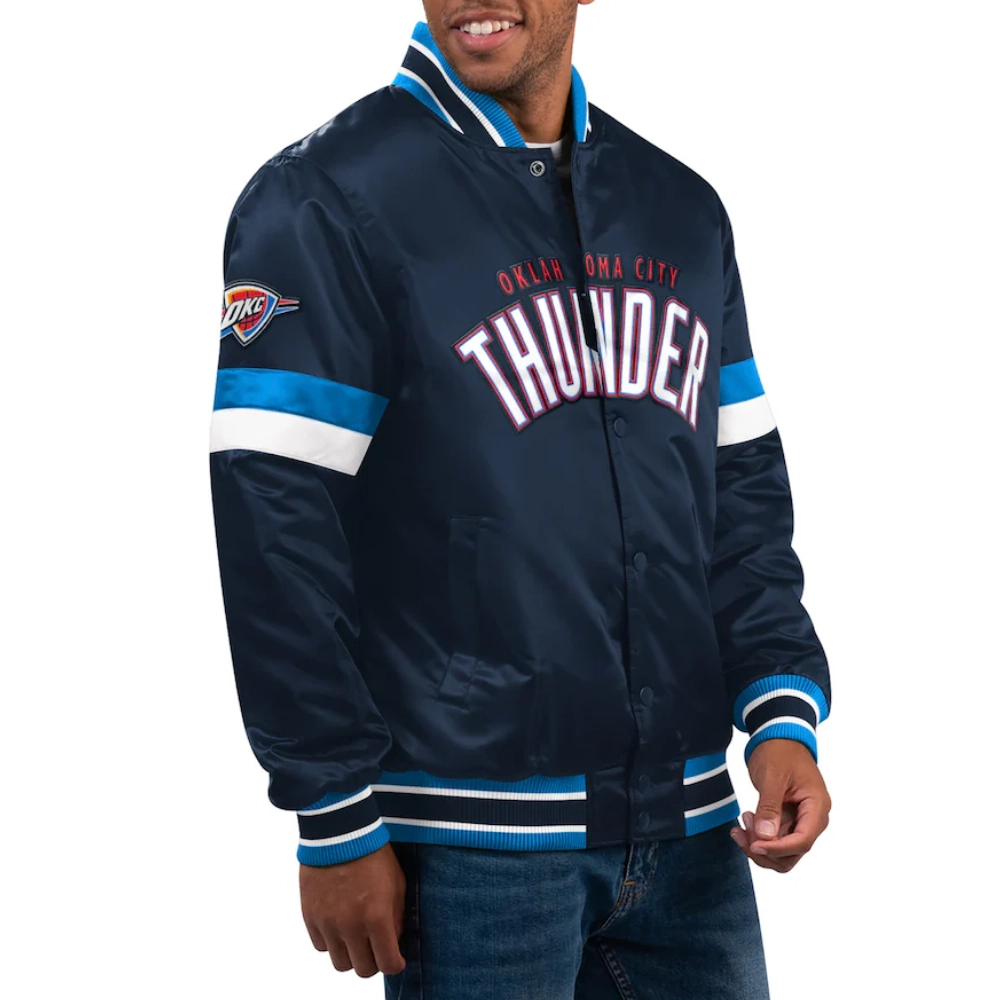 Oklahoma city thunder home game satin varsity jacket navy 1