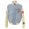 Oklahoma city thunder old english wool leather varsity jacket blue cream 1