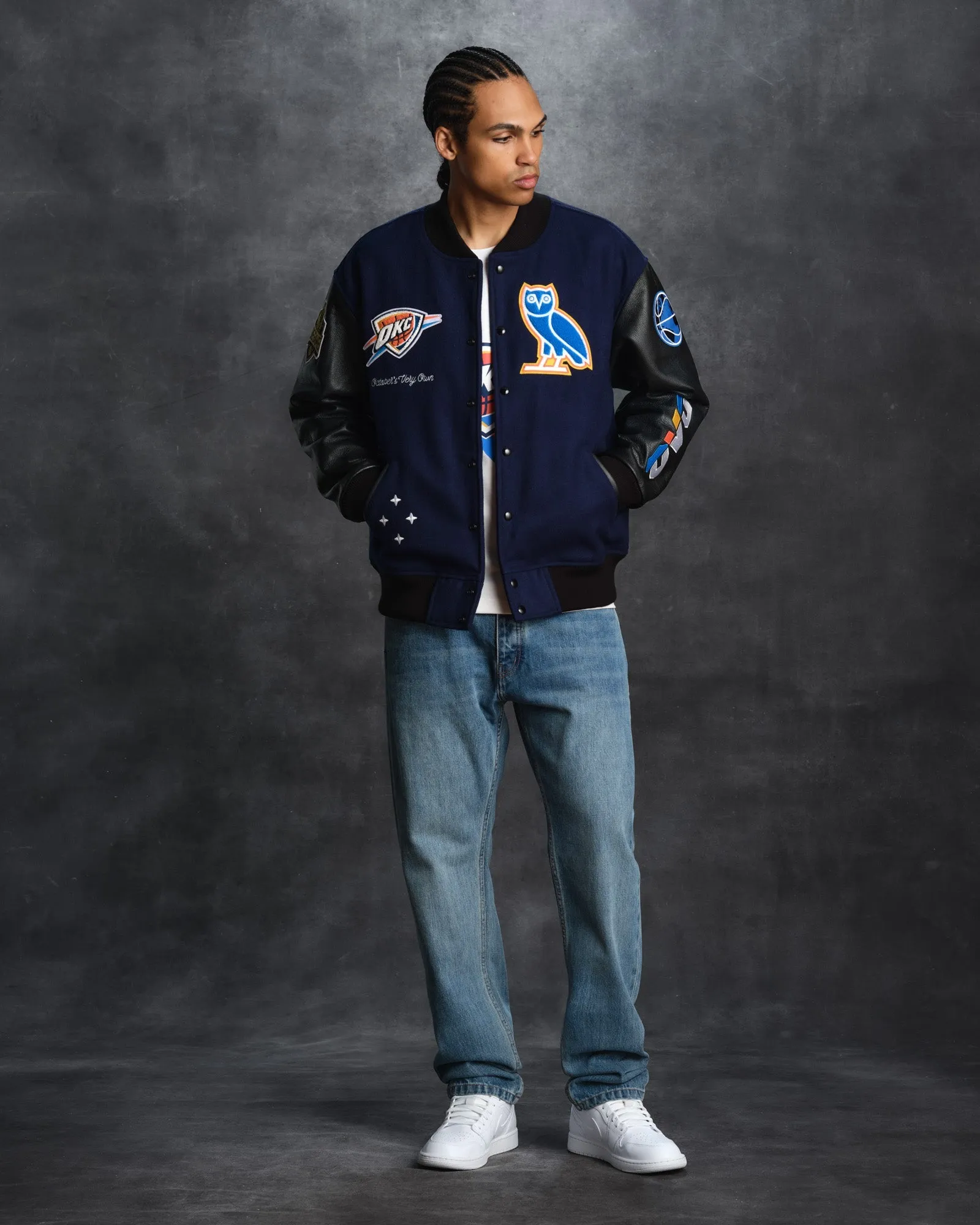Oklahoma city thunder ovo x nba wool leather varsity jacket