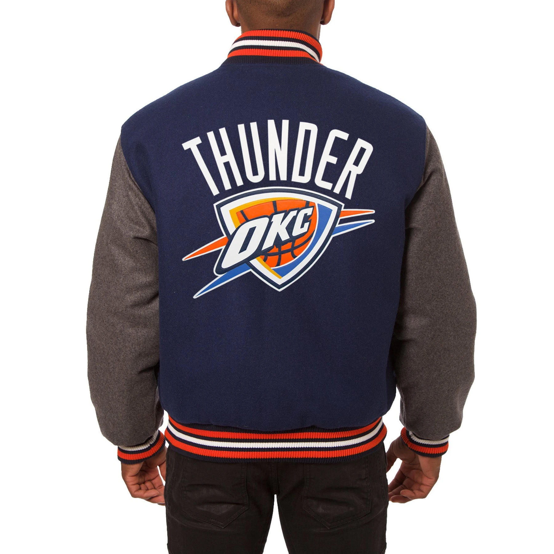 Oklahoma city thunder two tone wool varsity jacket navy grey 1