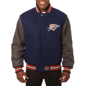 Oklahoma city thunder two tone wool varsity jacket navy grey