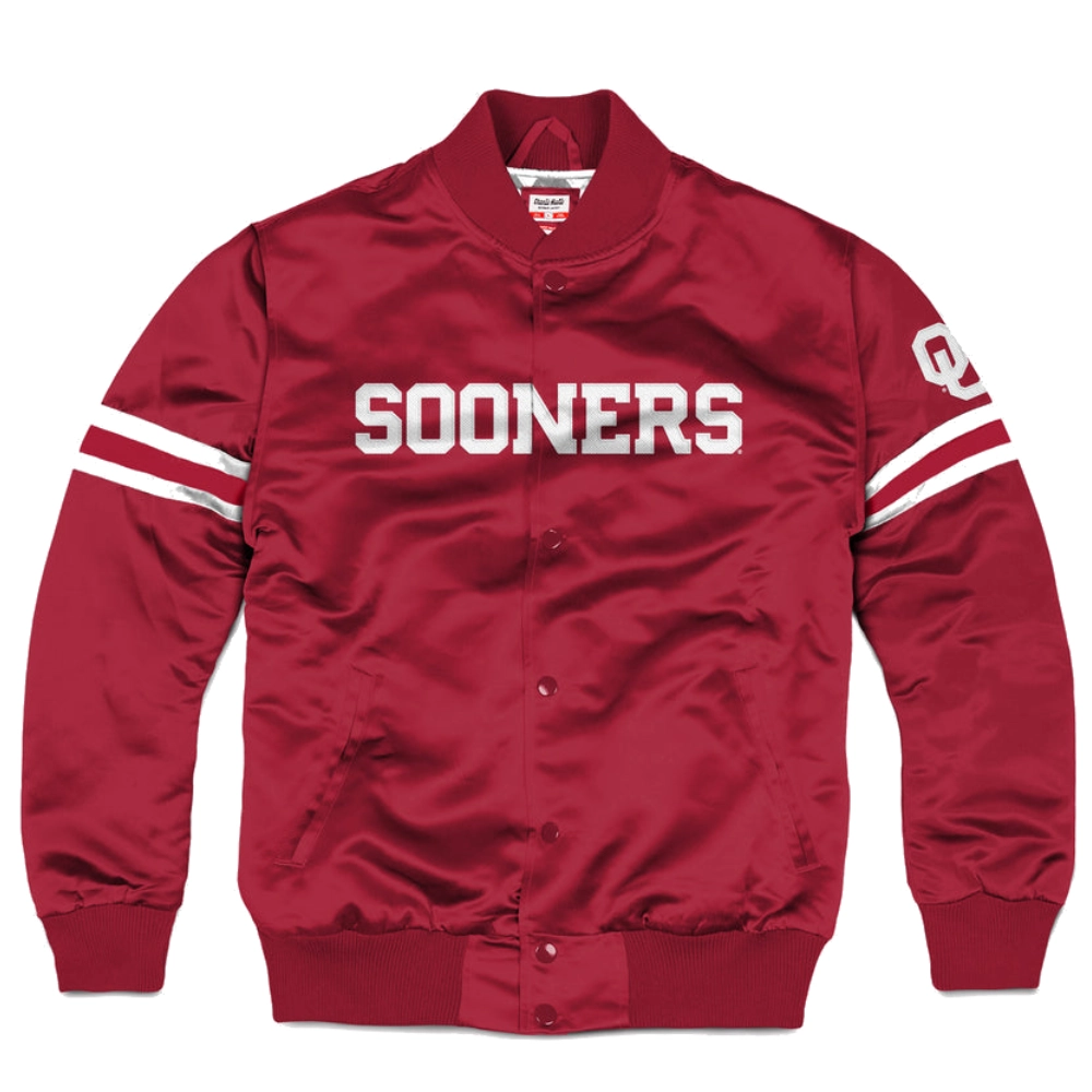 Oklahoma sooners full snap bomber varsity jacket maroon 1