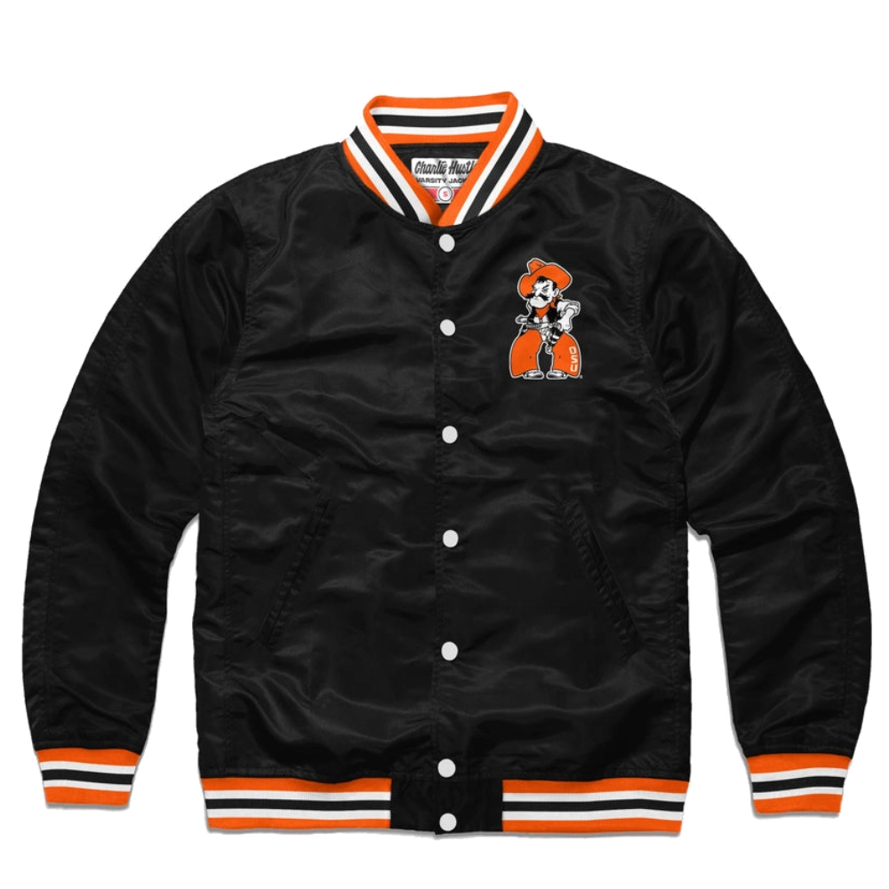 Oklahoma state cowboys full snap satin varsity jacket black 1