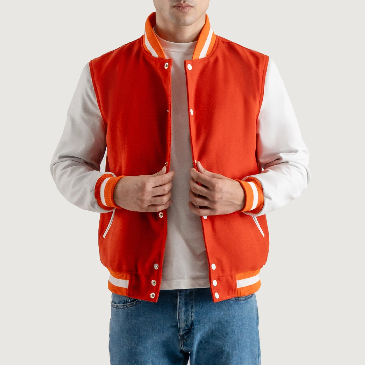 Orange and white varsity letterman jacket 05