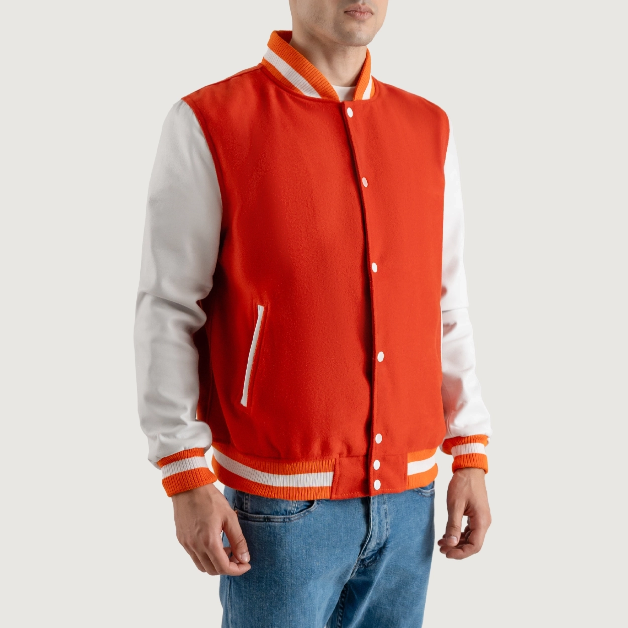 Orange and white varsity letterman jacket 1