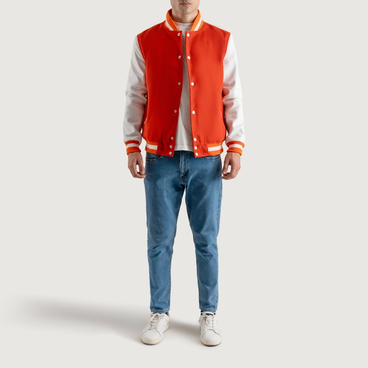 Orange and white varsity letterman jacket 3