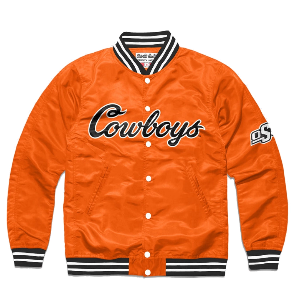 Osu cowboys script full snap satin varsity jacket orange 1