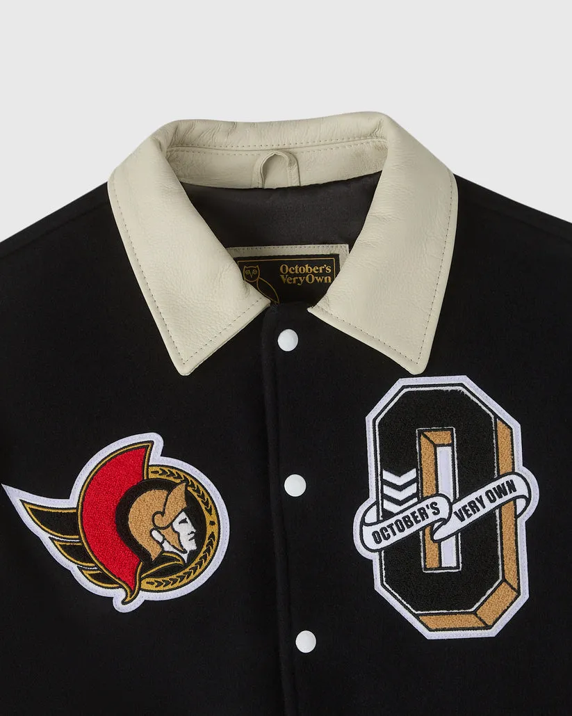 Ottawa senators black full snap wool leather varsity jacket
