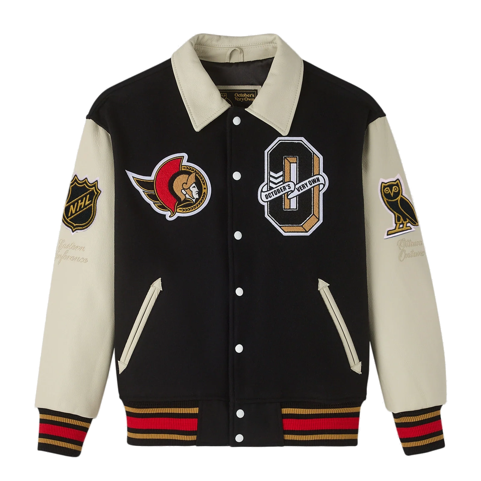 Ottawa senators blackcream full snap wool leather varsity jacket