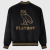 Ovo playboy black satin varsity jacket back view