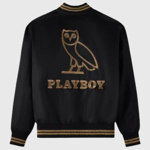 Ovo playboy black satin varsity jacket back view