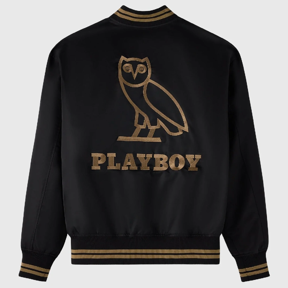 Ovo playboy black satin varsity jacket back view