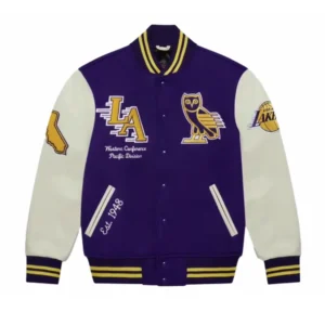 Ovo x los angeles lakers wool leather varsity jacket 1