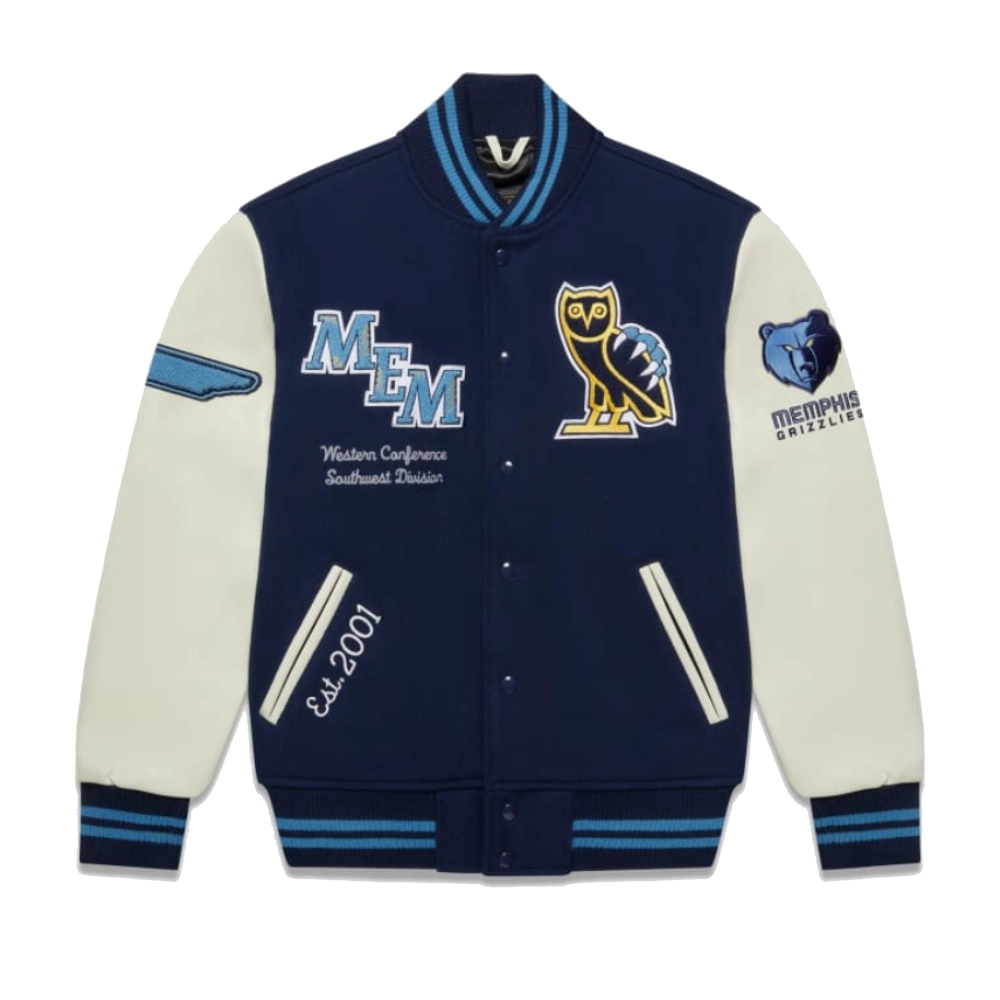 Ovo x memphis grizzlies wool leather varsity jacket 1