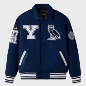 Ovo x stanford campus blue wool varsity jacket