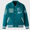 Ovo x stanford campus teal blue wool varsity jacket