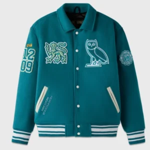 Ovo x stanford campus teal blue wool varsity jacket