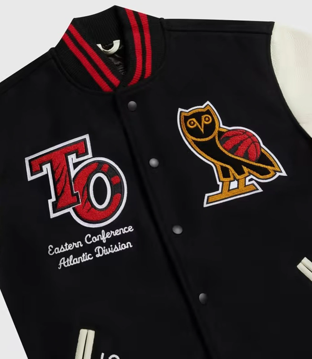 Ovo x toronto raptors black cream wool leather varsity jacket 3