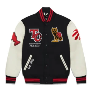 Ovo x toronto raptors blackcream wool leather varsity jacket 01